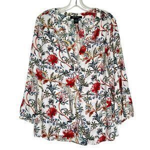 Faith & Zoe Blouse Plus Size 1X White Floral V-Neck King Sleeves